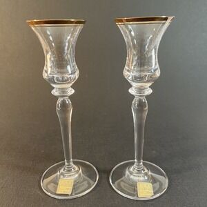 Mikasa Jamestown Crystal Candlestick Holders Gold Trim Austria 7.75" Pair VTG